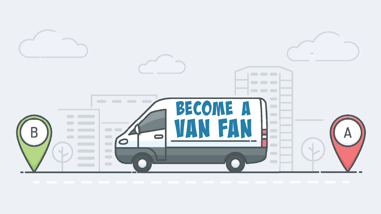 Graphic of Van with city background and the words "Become a Van Fan"