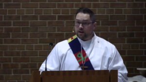 Deacon Kyle Soderberg preaches at Nativity Lutheran Church.