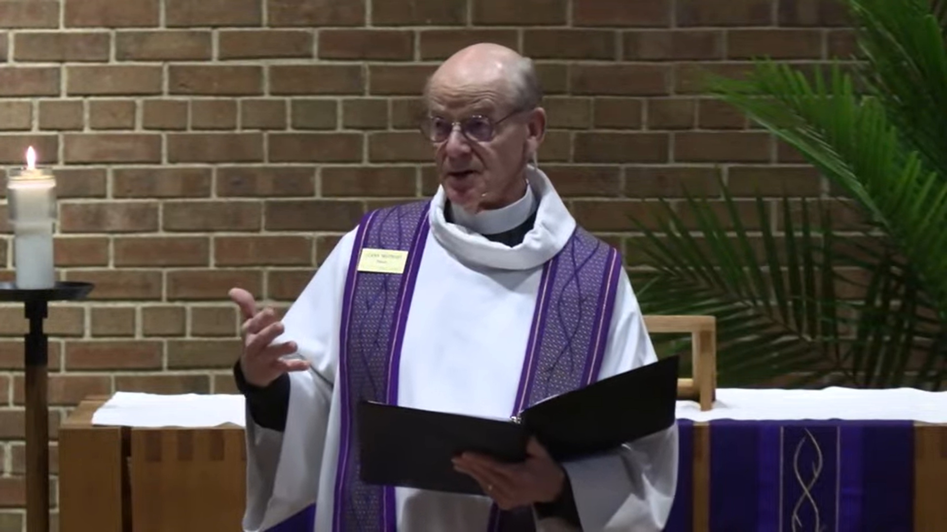Pastor Glenn Seefeldt preaching at Nativity Lutheran Church in the sanctuary with palms in the background for Palm Sunday