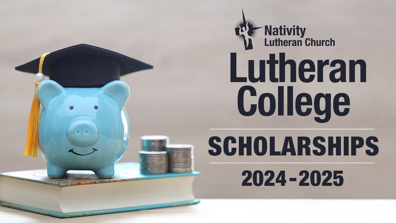 Blue piggybank with words Nativity Lutheran College Scholarships