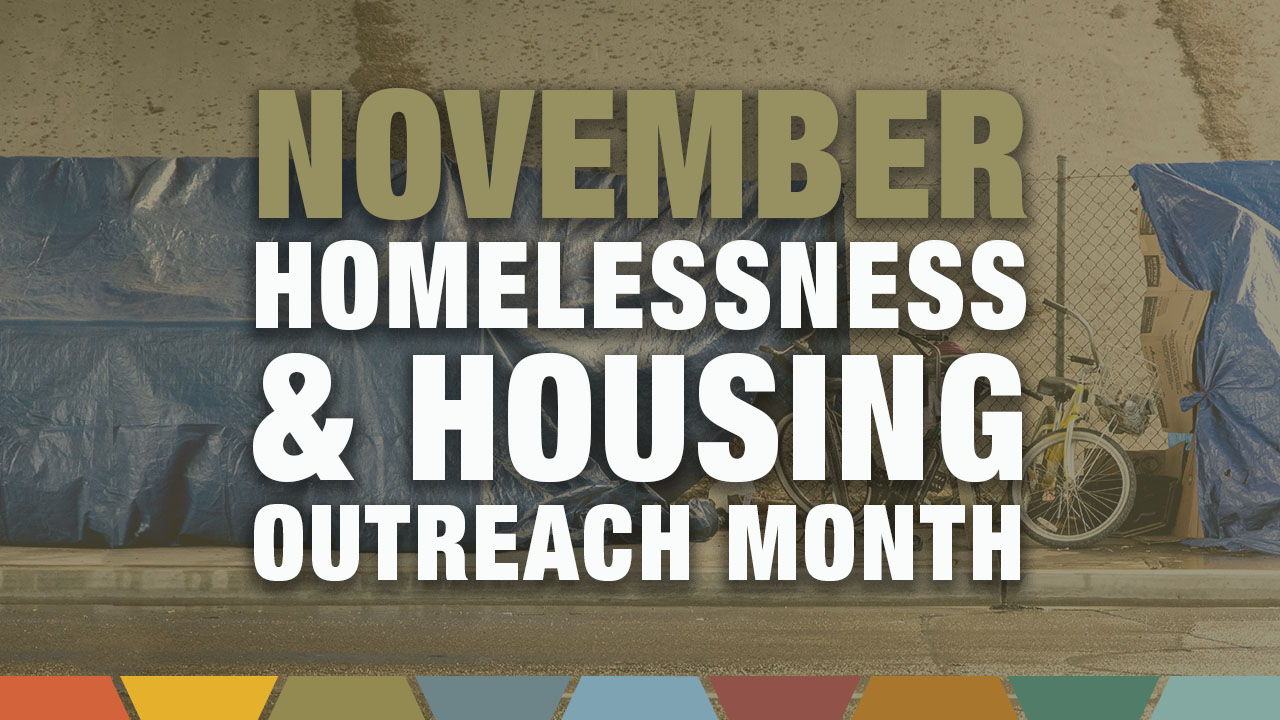 November Homelessness and Housing Outreach Month against urban backdrop