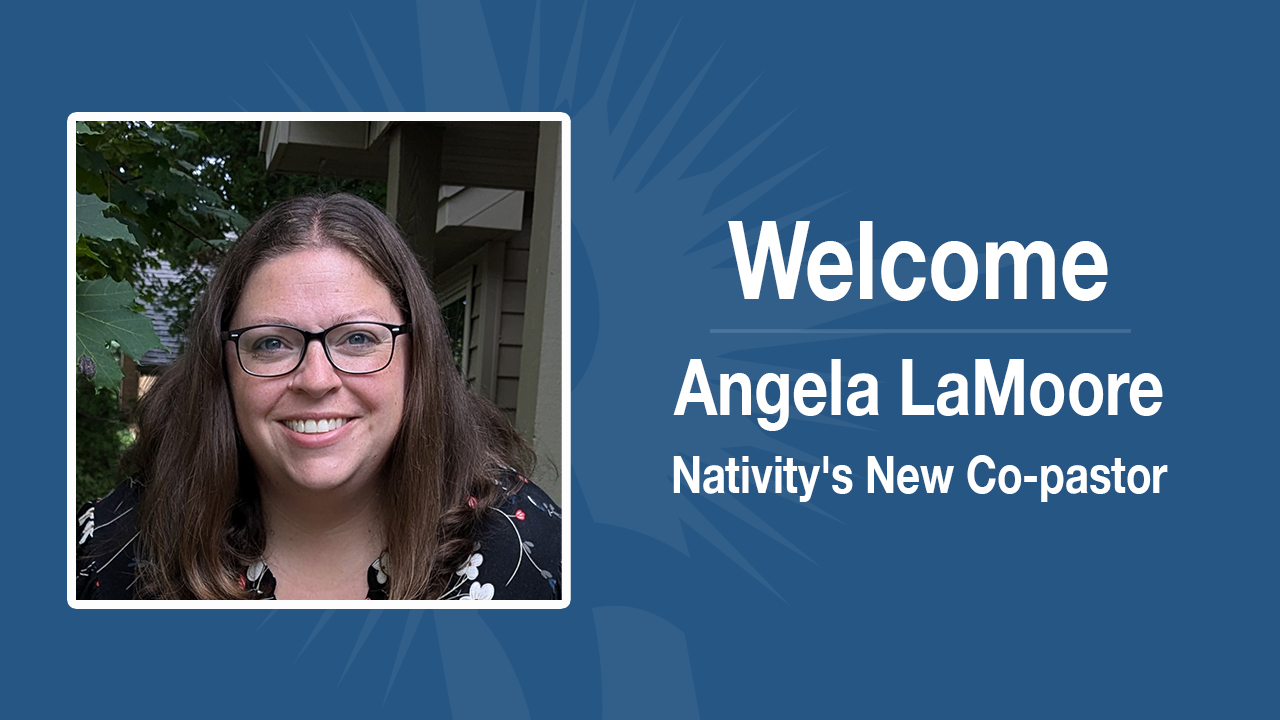 Welcome Angela LaMoore Nativity's New Co-Pastor with picture of her on blue background