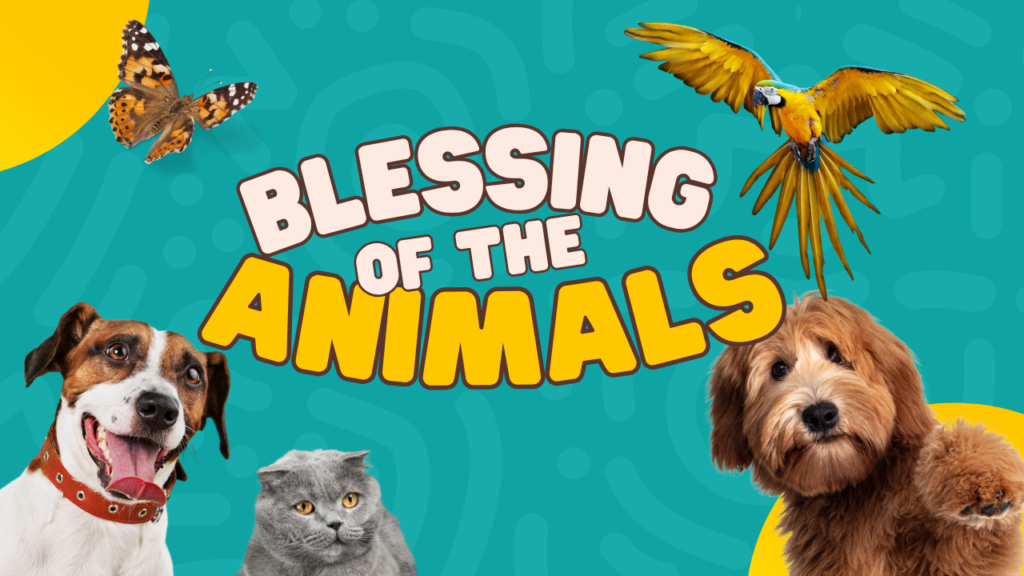 2 dogs, gray cat, yellow parrot, and monarch butterfly surrounding words "Blessing of the Animals"